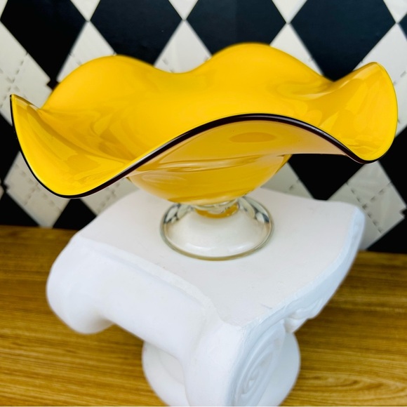 Vintage Amber Glass Wide Compote Bowl Pedestal Midcentury Décor Statement Piece - Picture 17 of 17